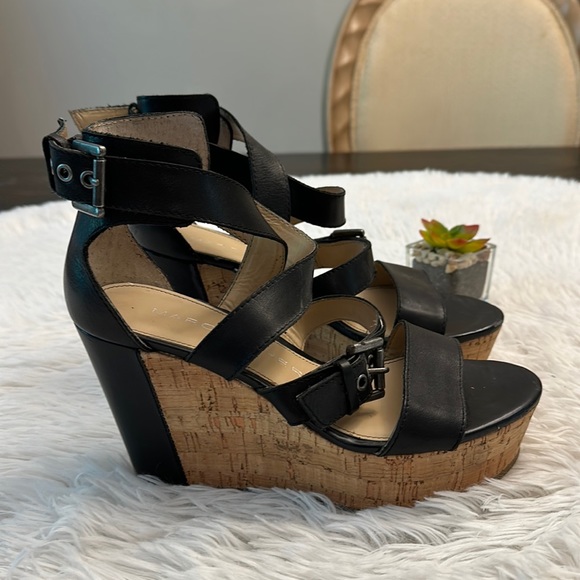 Marc Fisher Shoes - Marc Fisher Black Leather Cork Wedge Platform Buckle Cuff Sandals women size 7